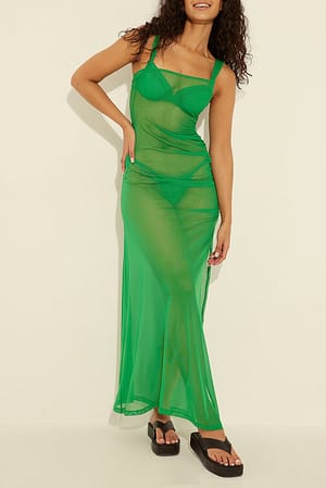 Green Marszczona sukienka z siateczki na jedno ramię