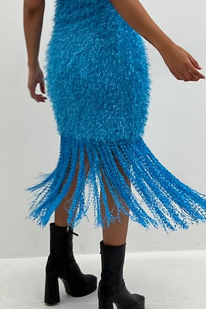 Aqua Twist Neck Feather Fringe Dress