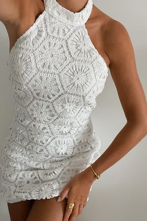 Offwhite Crochet Knitted Halterneck Mini Dress