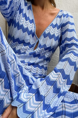 Blue Combo Wavy Knitted Key Hole Midi Dress