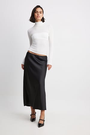 Black Lace Detail Low Waist Midi Skirt