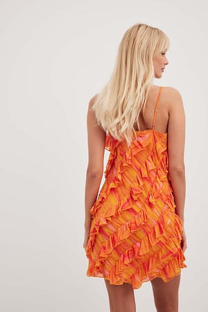 Orange Blurr Print All Over Frills Mini Dress