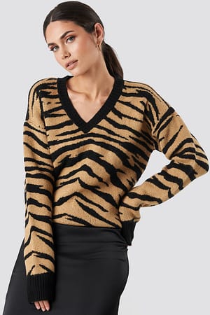 Zebra Animal Printed V-Neck Knitted Sweater