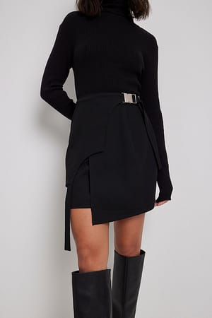 Black Asymmetric Buckle Mini Skirt