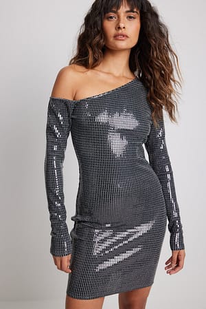 Silver Vestido mini assimétrico com glitter