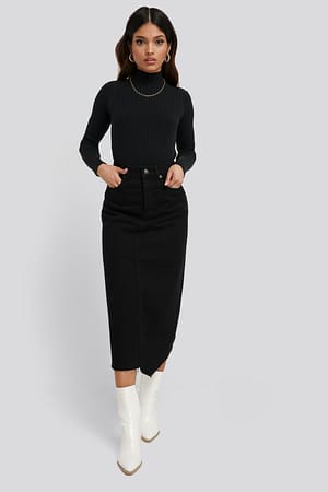Black Asymmetric Hem Denim Skirt