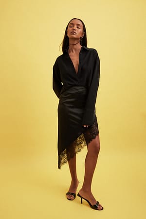 Black Asymmetric Lace Detail Skirt