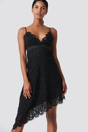 Black Asymmetric Mini Lace Dress