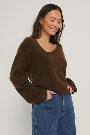 Brown Asymmetric Neckline Knitted Sweater