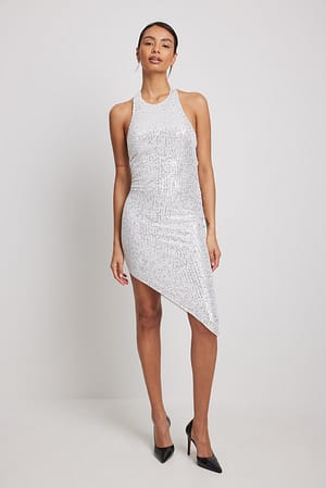 Silver Asymmetric Sleeveless Sequin Midi Dress