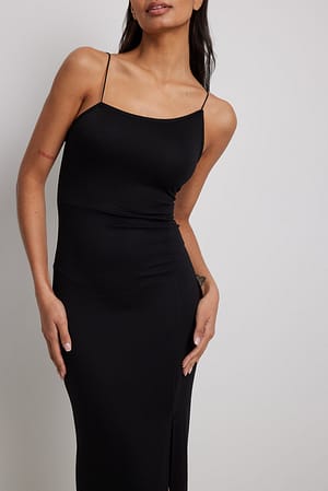 Black Asymmetric Thin Strap Maxi Dress