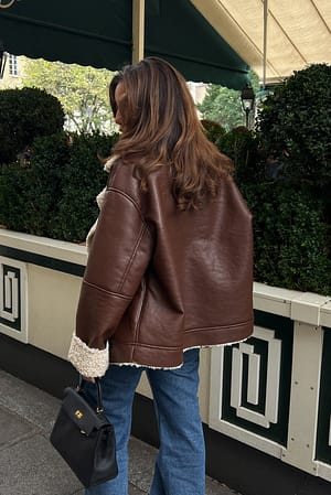 Brown Aviator PU Jacket with Faux Fur