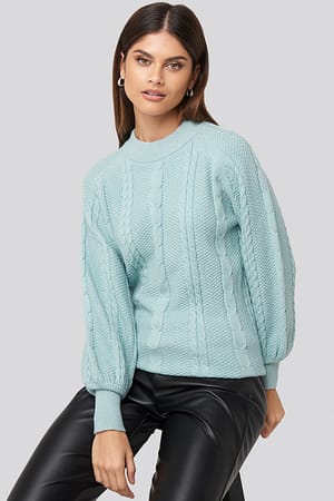 Blue NA-KD Balloon Sleeve Cable Knitted Sweater