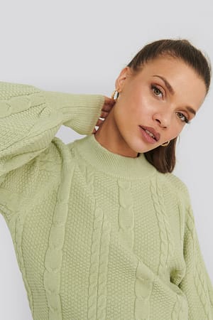 Green NA-KD Balloon Sleeve Cable Knitted Sweater