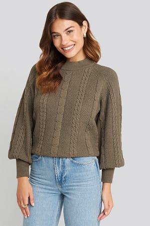 Brown NA-KD Balloon Sleeve Cable Knitted Sweater