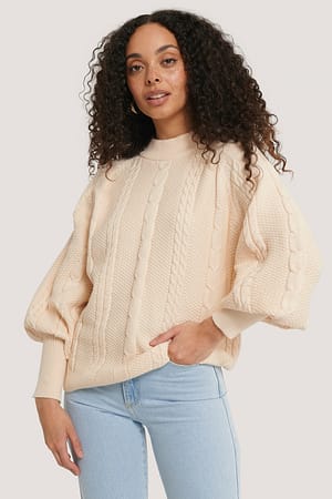 Balloon Sleeve Cable Knitted Sweater Beige | NA-KD