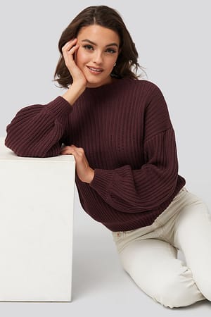 Burgundy Balloon Sleeve Knitted Sweater TEST