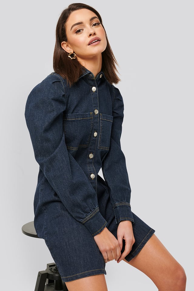Balloon Sleeve Mini Denim Dress Dark Blue