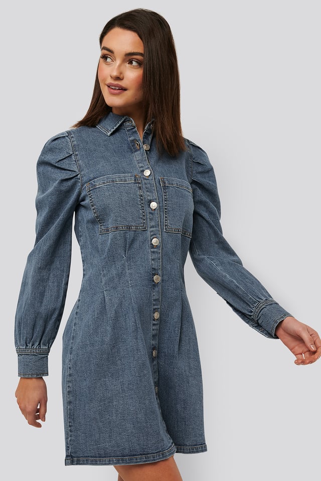 Balloon Sleeve Mini Denim Dress Mid Blue