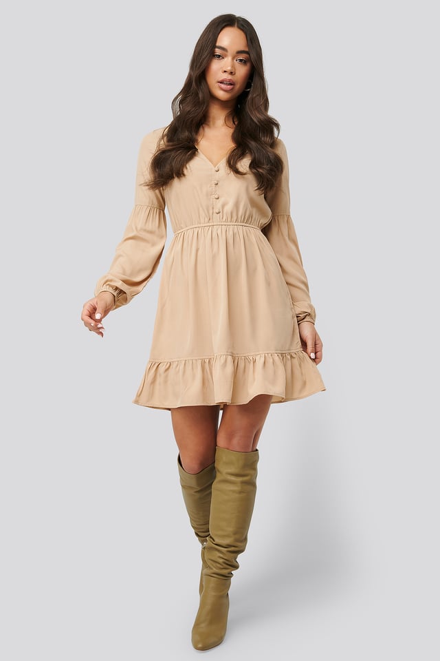 Balloon Sleeve Mini Dress Beige