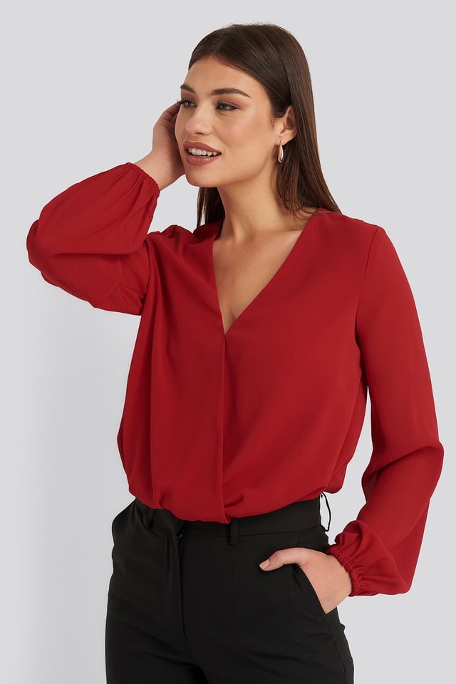 Balloon Sleeve Overlap Body Bright Red