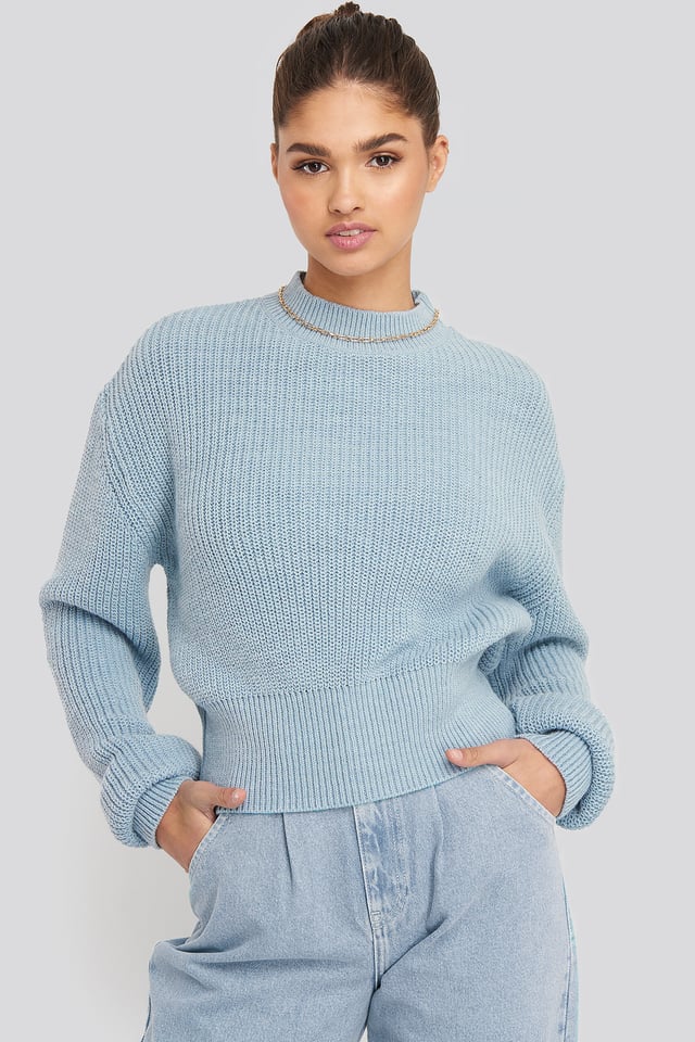 Balloon Sleeve Ribbed Sweater Blue