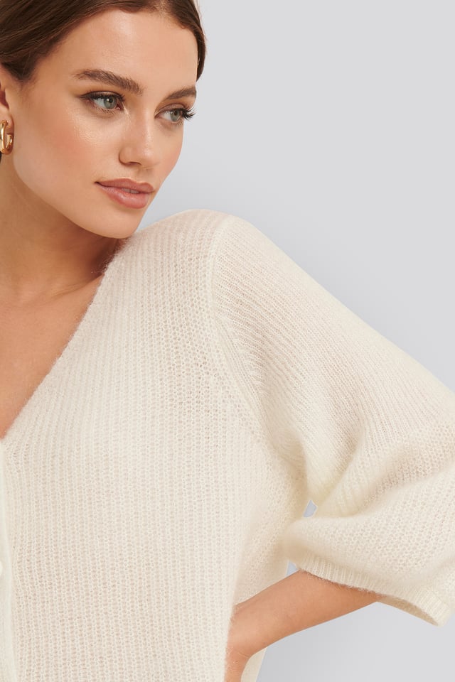 Balloon Sleeve Short Knitted Cardigan Offwhite