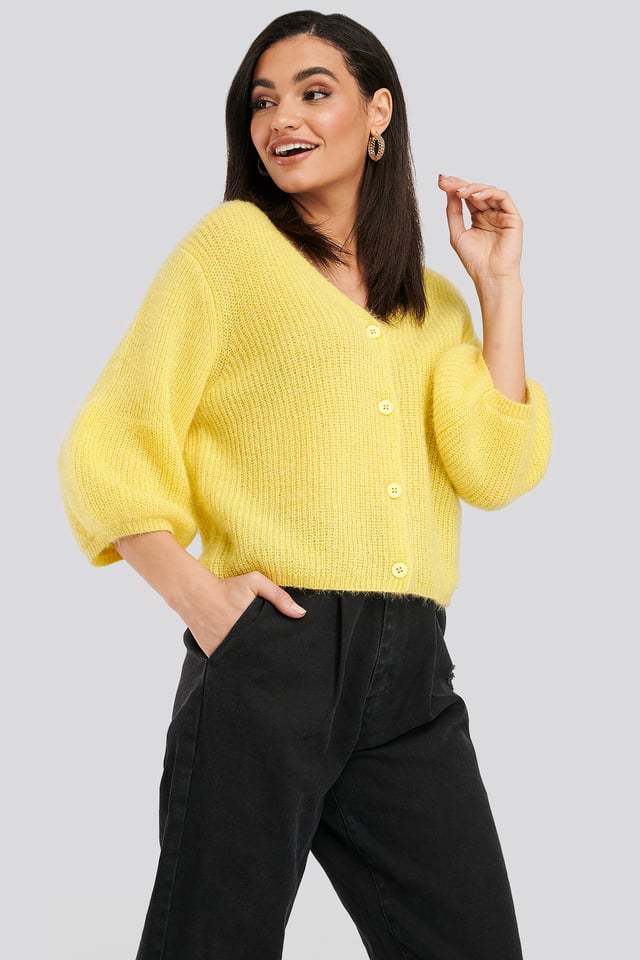 Balloon Sleeve Short Knitted Cardigan Dusty Yellow