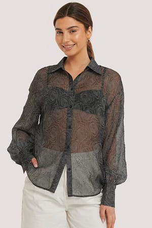Black Balloon Sleeve Structured Rose Blouse