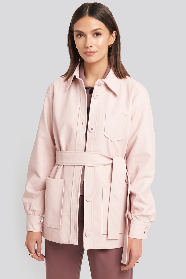 Balloon Sleeve Tied Waist Pu Jacket Dusty Pink