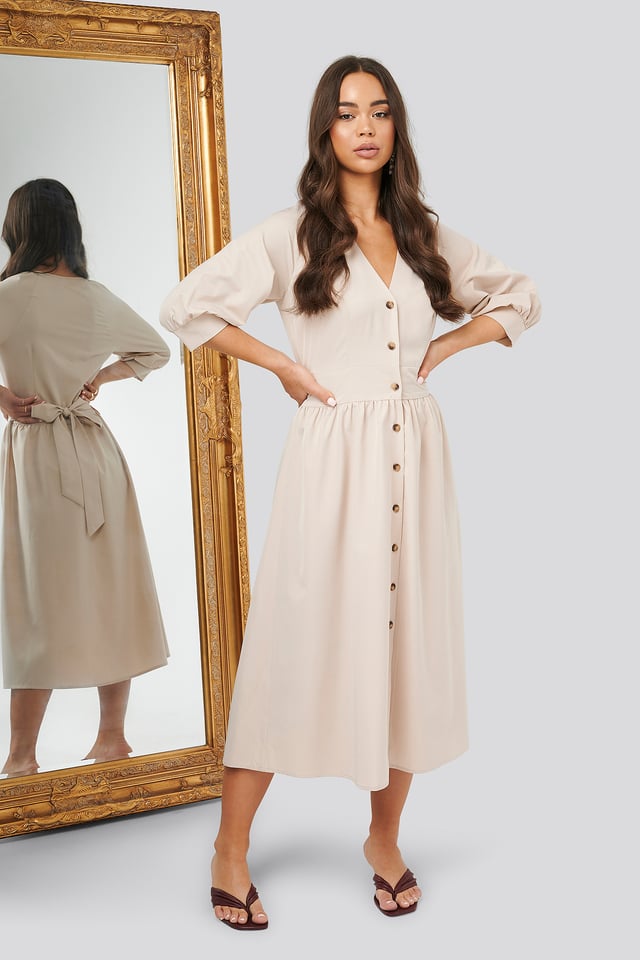 Belted Balloon Sleeve Dress Beige