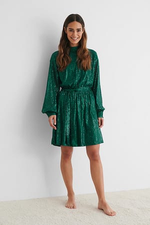 Green NA-KD Party Belted Balloon Sleeve Sequin Dress