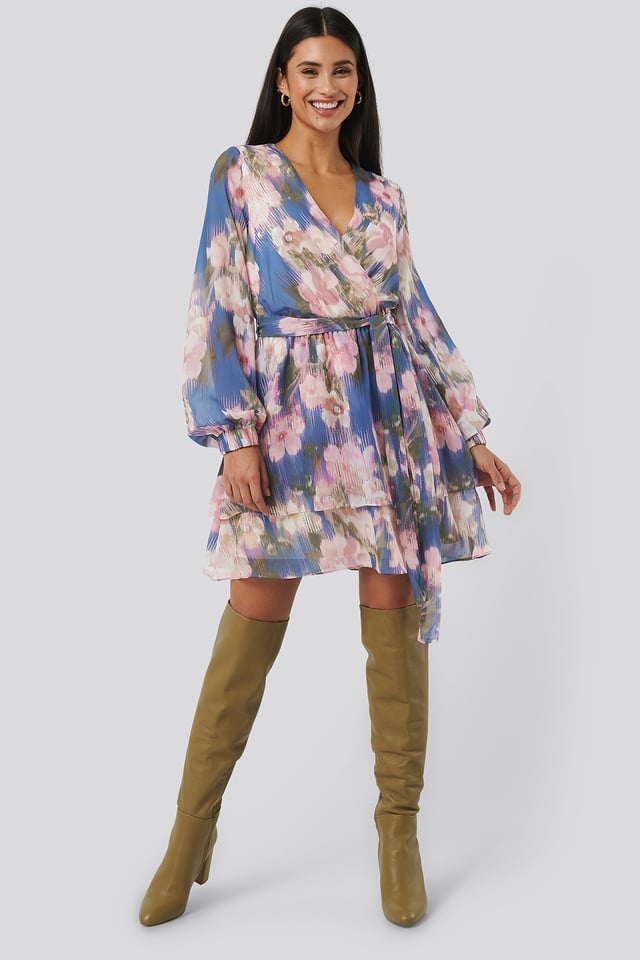 Belted Chiffon Dress Blue Flower