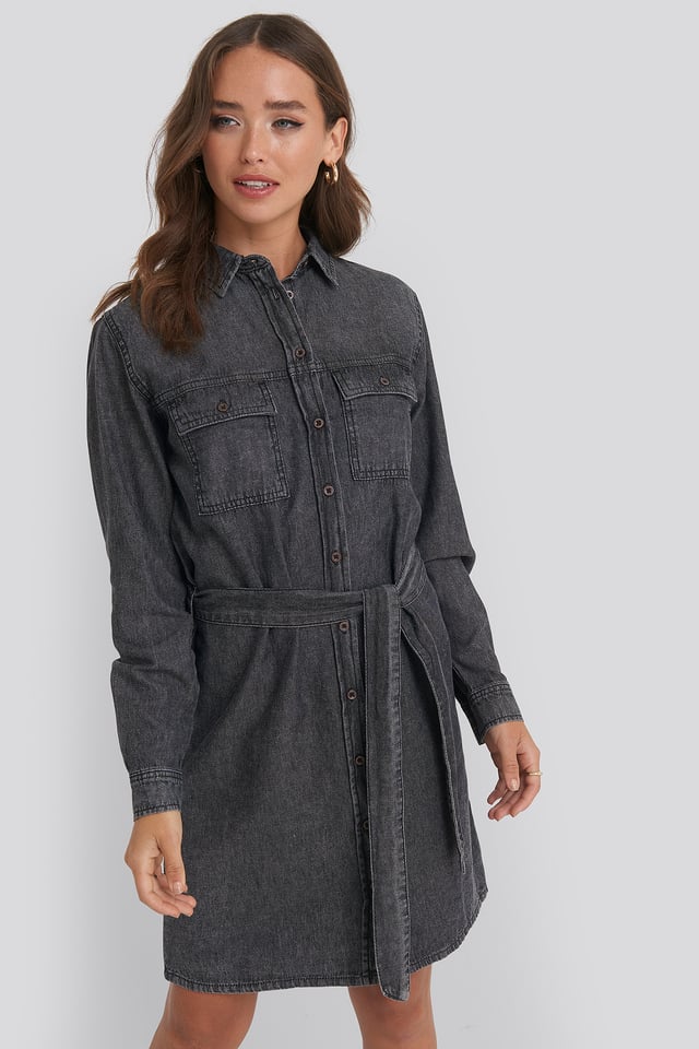 Belted Denim Dress Black