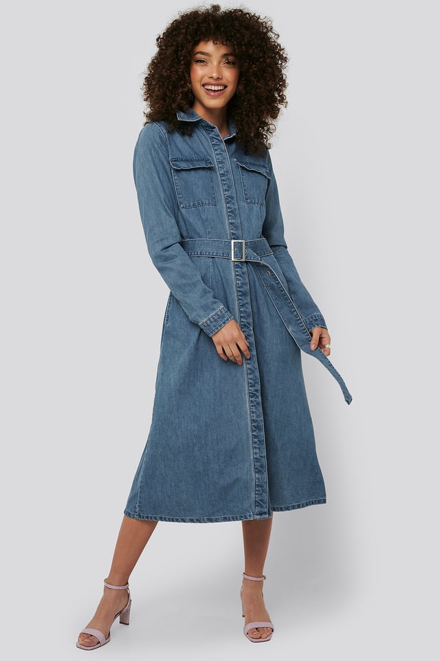 Belted Denim Shirt Dress Mid Blue