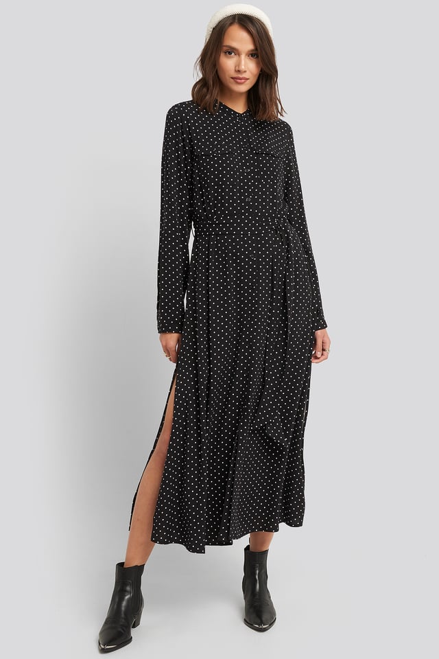 Belted Grandad Collar Shirt Dress Black/White dots