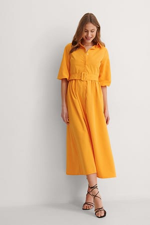 Orange Belted Long Sleeve Maxi Dress