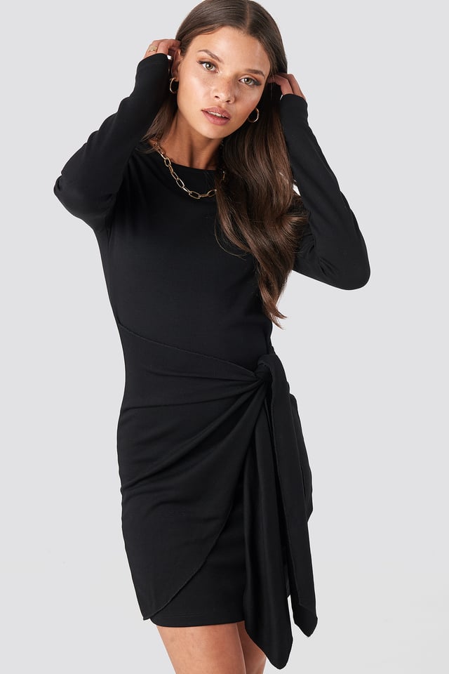 Belted Long Sleeve Mini Dress Deep Black