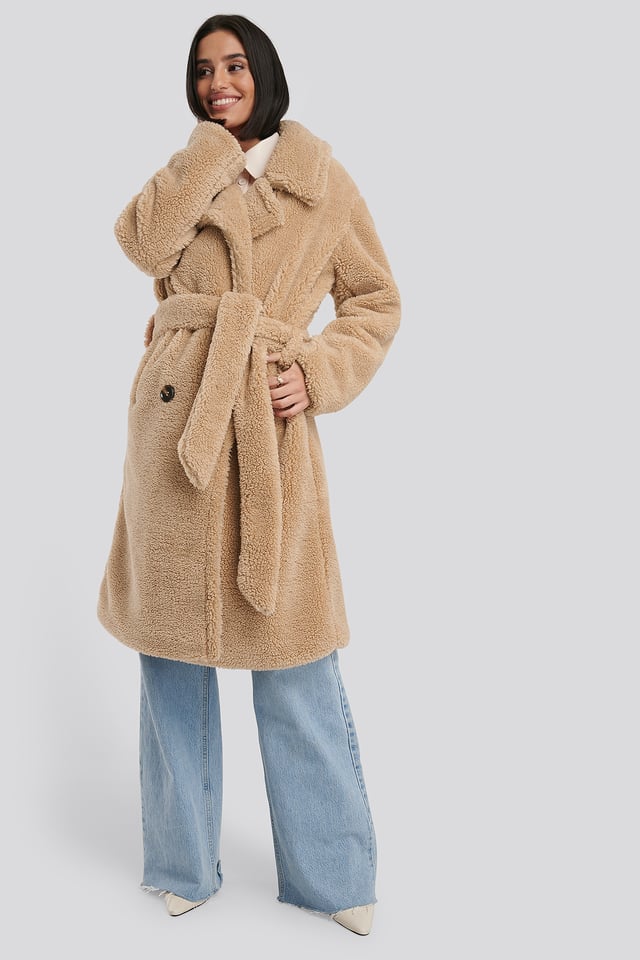 Belted Long Teddy Coat Beige