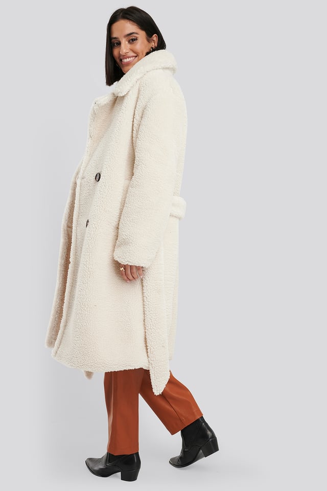 Belted Long Teddy Coat Offwhite