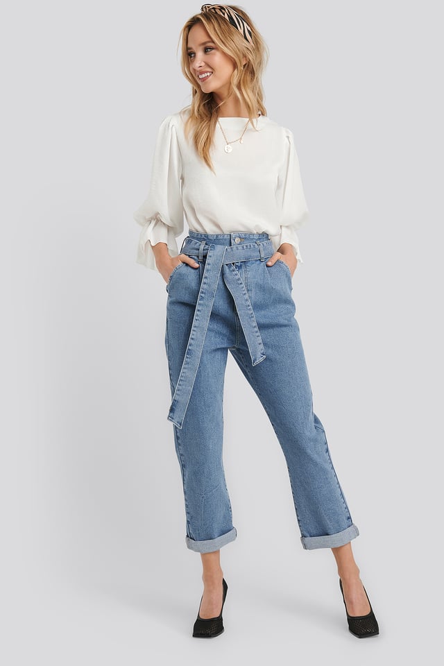 Belted Paperbag Turn Up Jeans Light Blue Wash