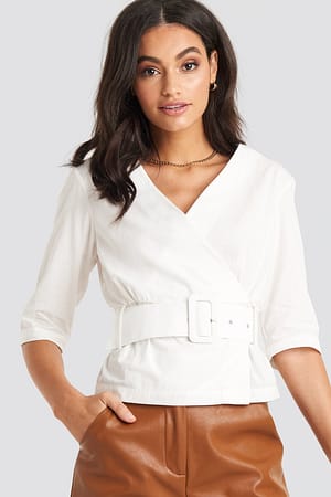 Off White Belted Short Sleeve Blouse