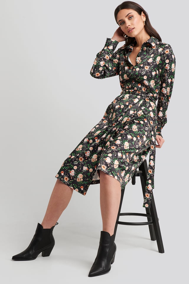Belted Wrap Midi Dress Floral Print