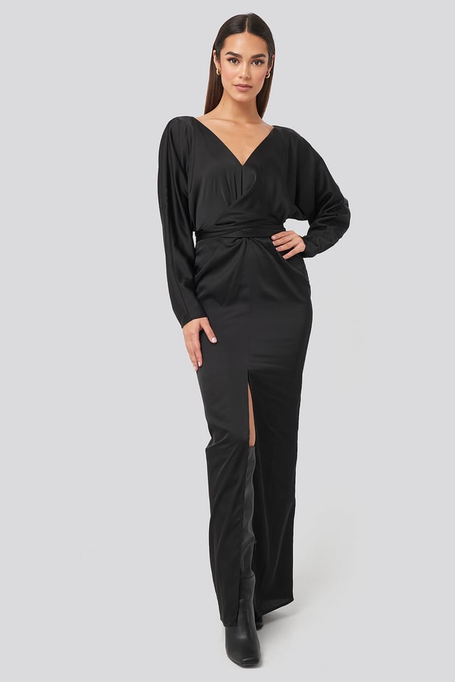 Belted Batwing Sleeve Maxi Dress Black