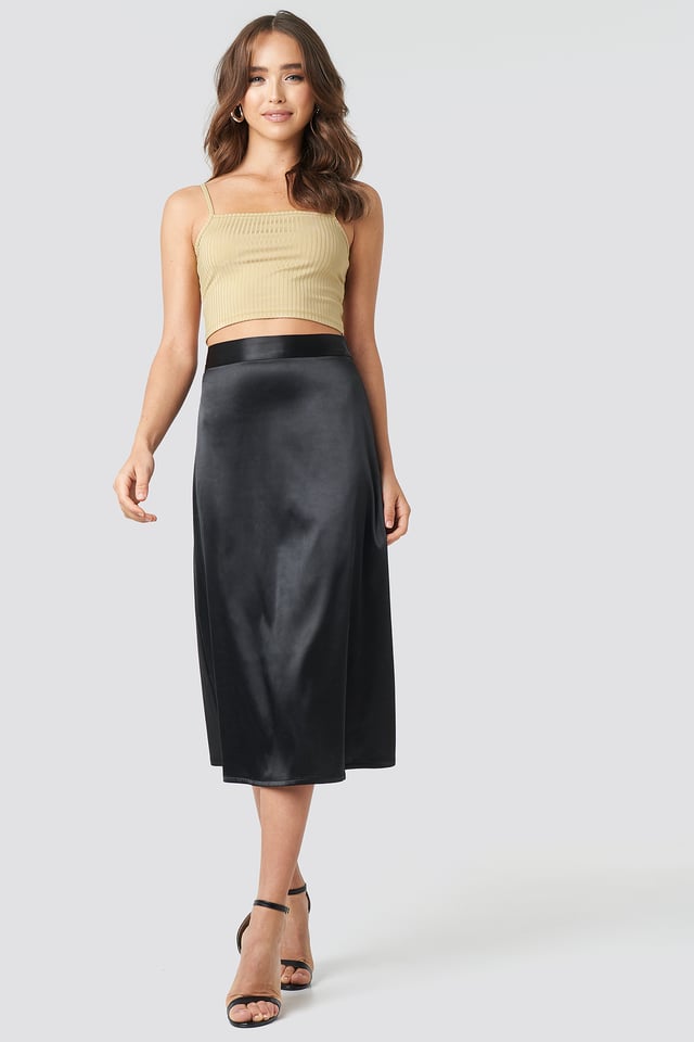 Bias Cut Satin Midi Skirt Black