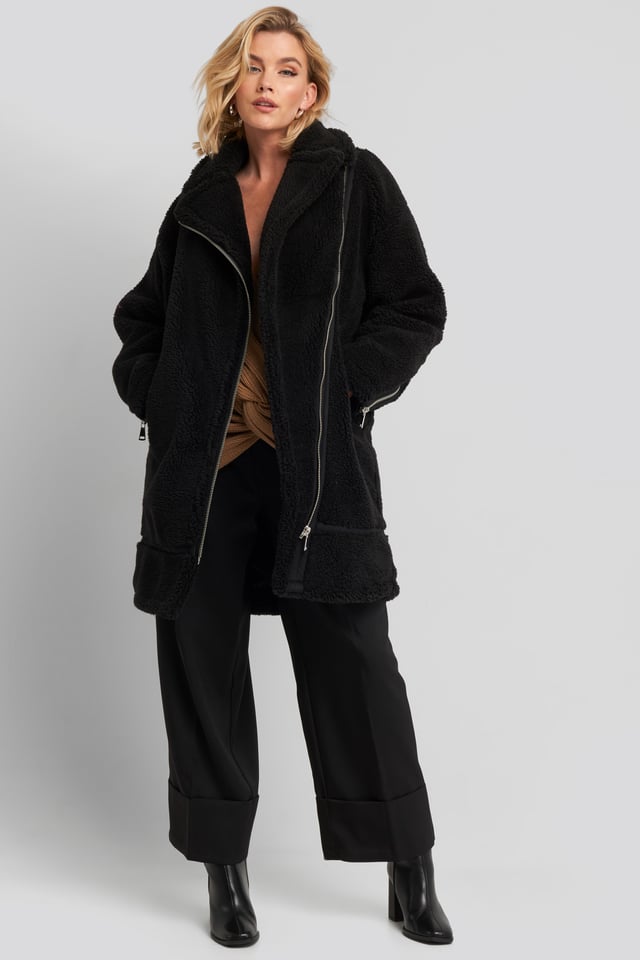 Biker Long Teddy Coat Black