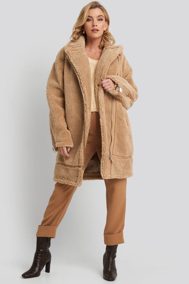 Biker Long Teddy Coat Beige