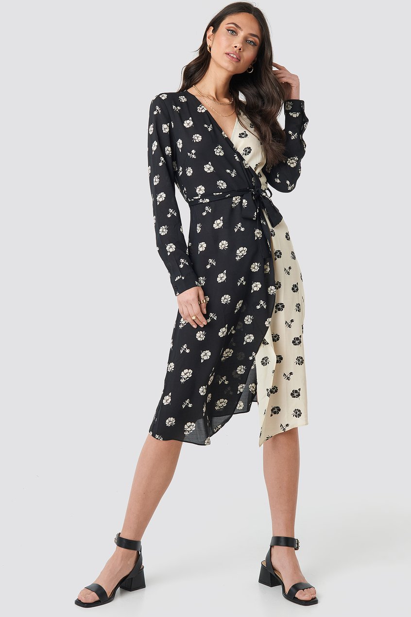 Kleider Midikleider | Black White Flower Print Dress - QX36960
