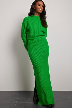 Green Wool Blend Ribbed Knitted Maxi Skirt