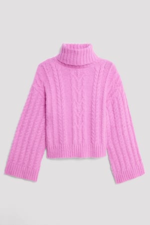 Pink Boxy Cable Knit High Neck Sweater
